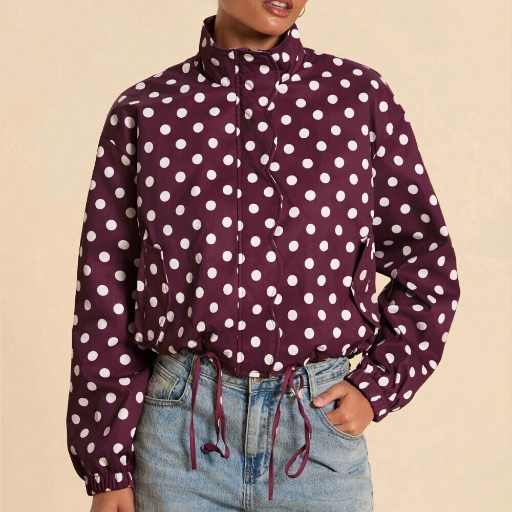 Burgundy Polka Dot Cropped Zip Front Aviator Bomber Blouson Jacket